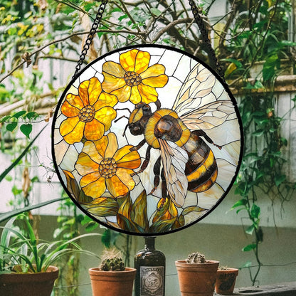 Stained Glass Window Hanging - Yellow Bees Gathering Flowers Sun Catcher for Door Garden Home Decor Cute Suncatcher Christmas Mother's Day Birthday Gifts for Women Men Mom Nana 9.8 in