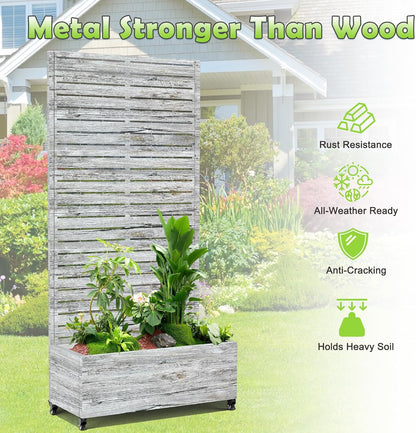 15.7"×70.9"×35.4" Metal Raised Garden Bed with Trellis and Wheels - Tall Trellis Planter Box for Climbing Plants, Vegetables & Vines - Outdoor Privacy Planters for Patio (White Oak Grain)