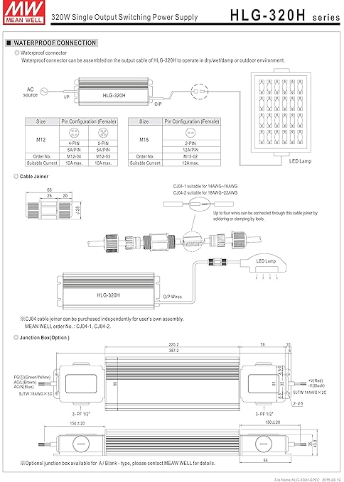 MEAN WELL HLG-320H-42B Switching LED Driver Power Supply, Current Adjustable by Output Cable, 42