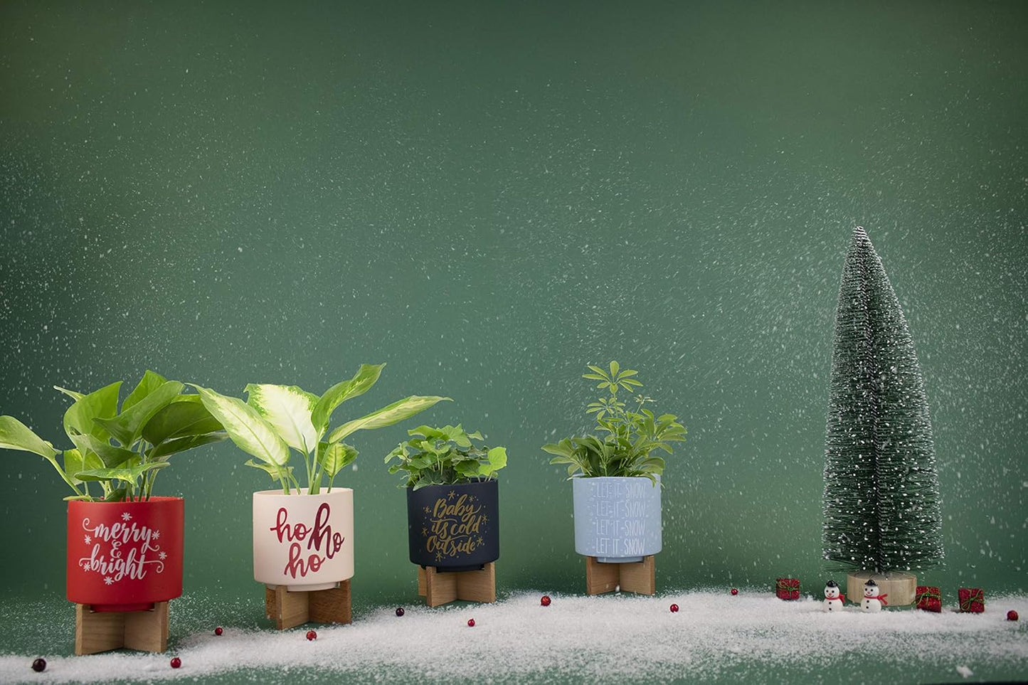 Ceramic Holiday Planter Pot with Wood Stand, Baby It's Cold Outside Design, Navy Blue & Gold, Holds 4" House Plant or Succulent, Festive Winter Christmas Home Decor