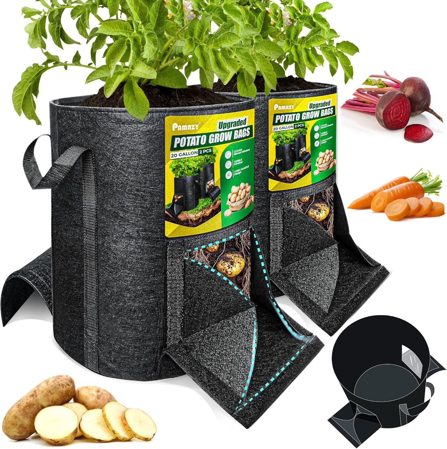 [Upgraded] 2 Pcs 20-Gallon Potato Grow Bags with Unique Harvest Window, Visible Window, Garden Planting Bag with Reinforced Handle, Nonwoven Fabric Pots for Tomato, Potato Growing Container - Black