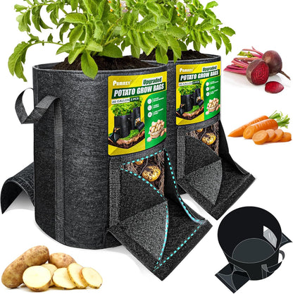 [Upgraded] 2 Pcs 20-Gallon Potato Grow Bags with Unique Harvest Window, Visible Window, Garden Planting Bag with Reinforced Handle, Nonwoven Fabric Pots for Tomato, Potato Growing Container - Black