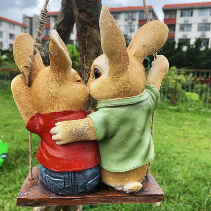 iRonrain Garden Statue Swing Bunny Couples, Indoor Outdoor Hanging Rabbits Lover Sculpture Funny Simulation Art Décor Figurine Ornament for Fence Pathway Backyard Landscape Tree Decorations
