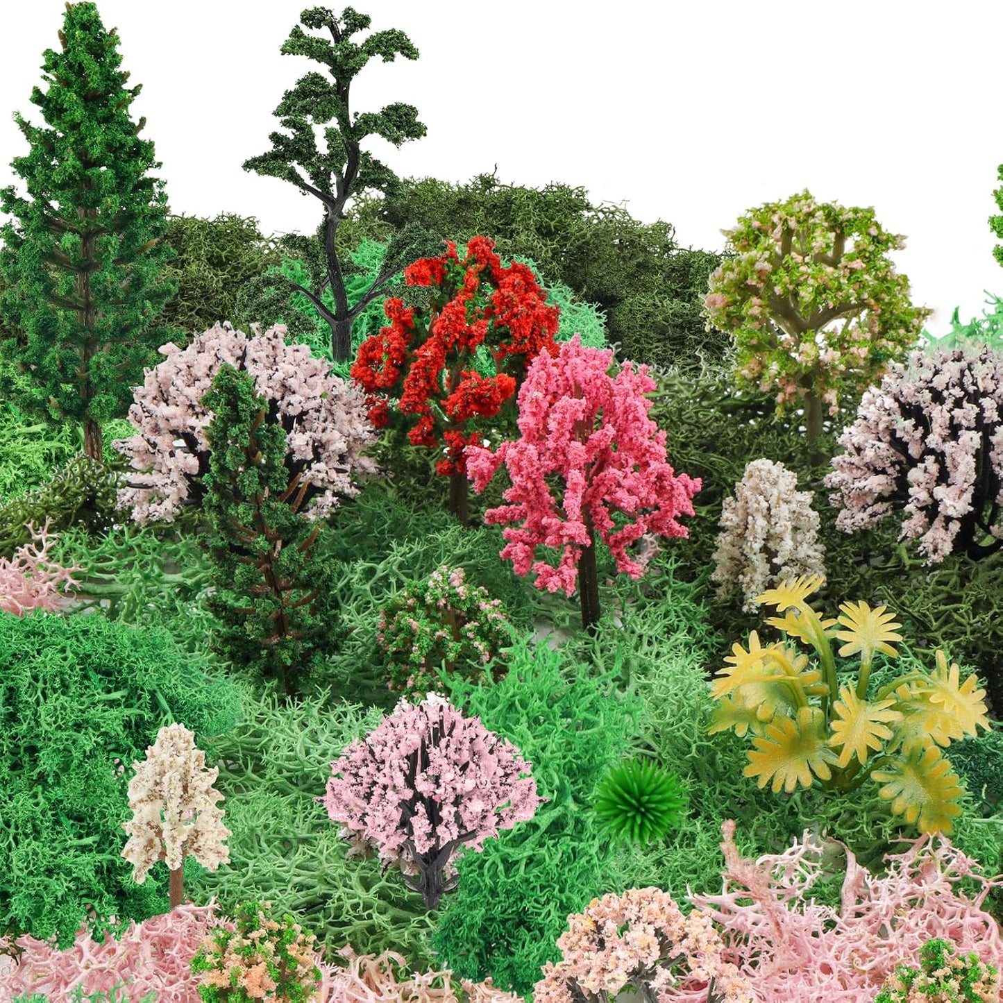 36 Pcs Mixed Model Trees with 40g Moss Pink and Green, Diorama Trees Grass Mini Fake Miniature Trees Moss for Building Model, Model Train Scenery, Natural Green Landscape, Railroad Scenery