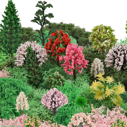 36 Pcs Mixed Model Trees with 40g Moss Pink and Green, Diorama Trees Grass Mini Fake Miniature Trees Moss for Building Model, Model Train Scenery, Natural Green Landscape, Railroad Scenery