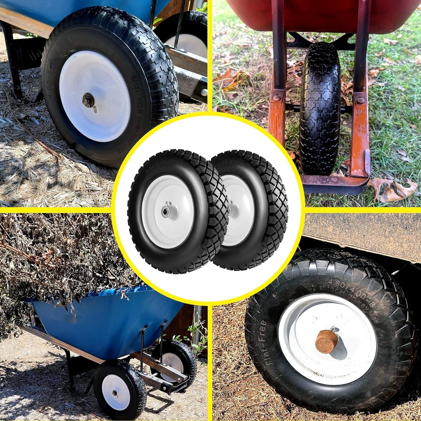 4.80/4.00-8" Tire and Wheel Flat Free 2 PCS, 16" Solid Wheelbarrow Tire with 5/8" & 3/4" Bearings,3"-7" Centered Hub, 14"-16" Universal Fit for Hand Truck/Garden Trailer/Trolley/Wagon