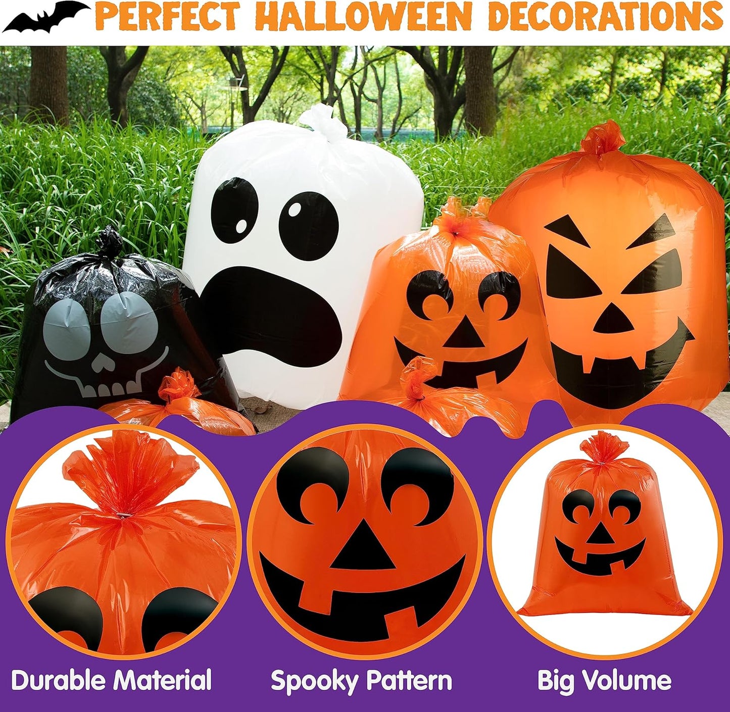 JOYIN 6 Pcs Halloween Leaf Bags, Pumpkin Leaf Lawn Bags for Yard Fall Outdoor Decorations, Plastic Resuable Jack o' Lantern Trash Bag for Halloween Decor Party Favors, Party Supplies