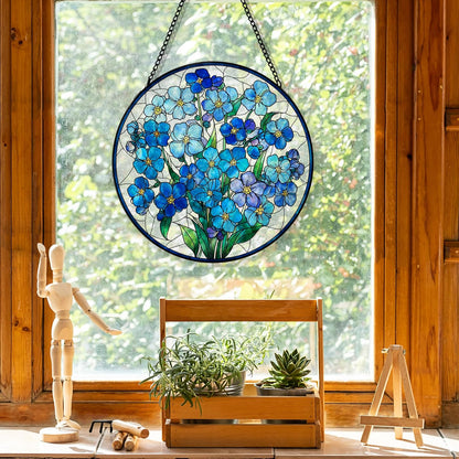 Blue Forget Me Not Flower Suncatcher Stained Glass Window Hanging, Blue Flower Sun Catchers Indoor Window Glass Round Wall Decor, Floral Wall Art Hanging Decorations, ＂7.8x7.8＂