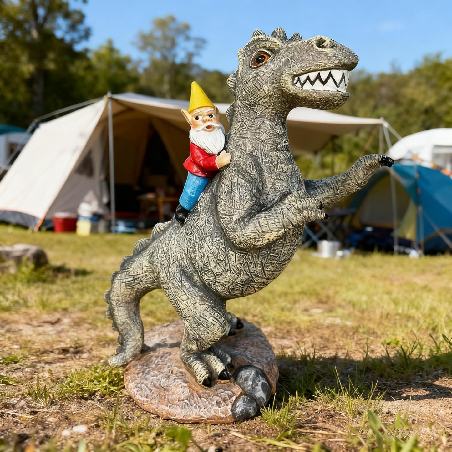 Funny Garden Gnome Riding Dinosaur Statue - Resin Outdoor Decor for Yard,Patio,Lawn - Whimsical Dinosaur Sculpture Gift for Garden Lovers