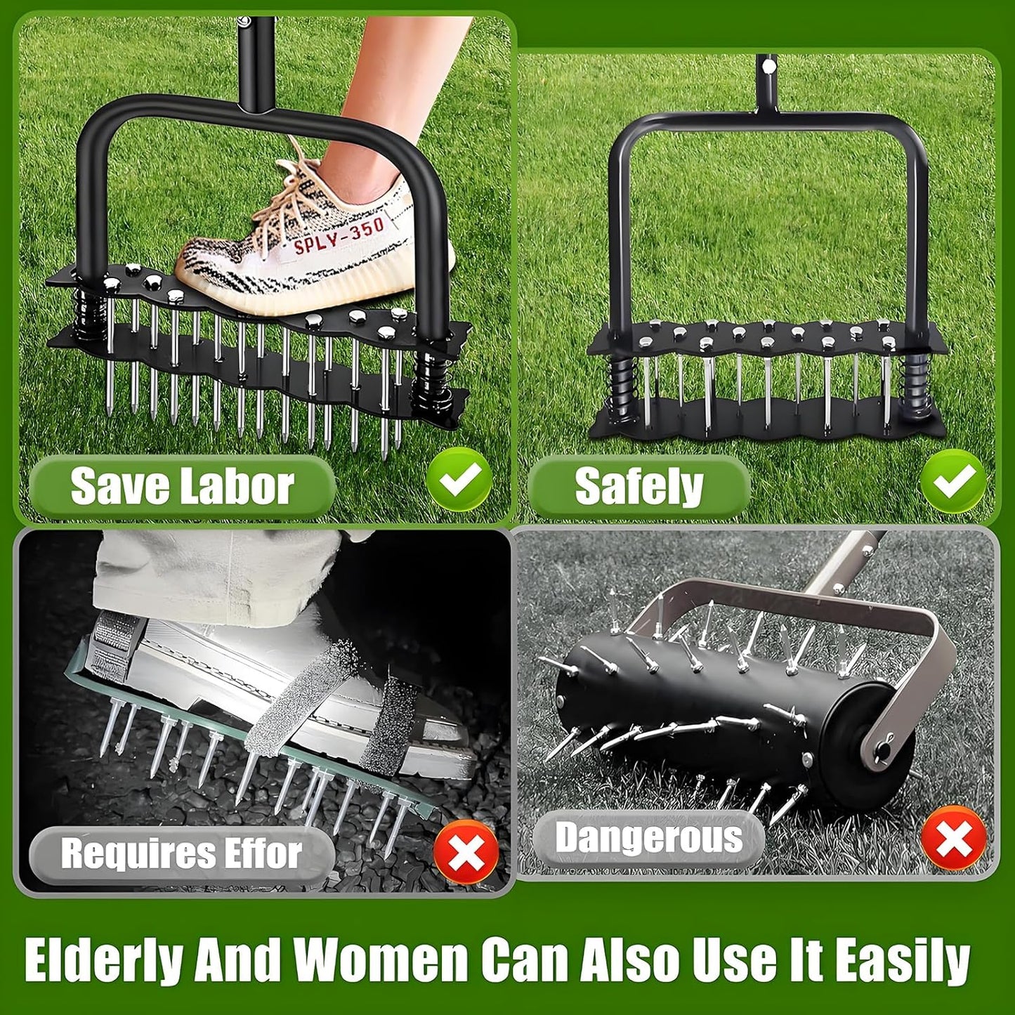 Manual Aerator Lawn Tool with Spring Base and 14 Steel Spike,Automatic Dirt and Leaf Clean,Grass Aerator for Loosening Soil in Yard, Gardan, Patio, Pre-Assembled Lawn Aerator Installation Kit