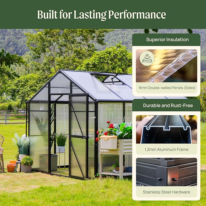Vego Garden Junior Victorian Greenhouse 8ft – Durable Aluminum Frame with Polycarbonate Panels – All-Season Greenhouse for Backyard or Patio