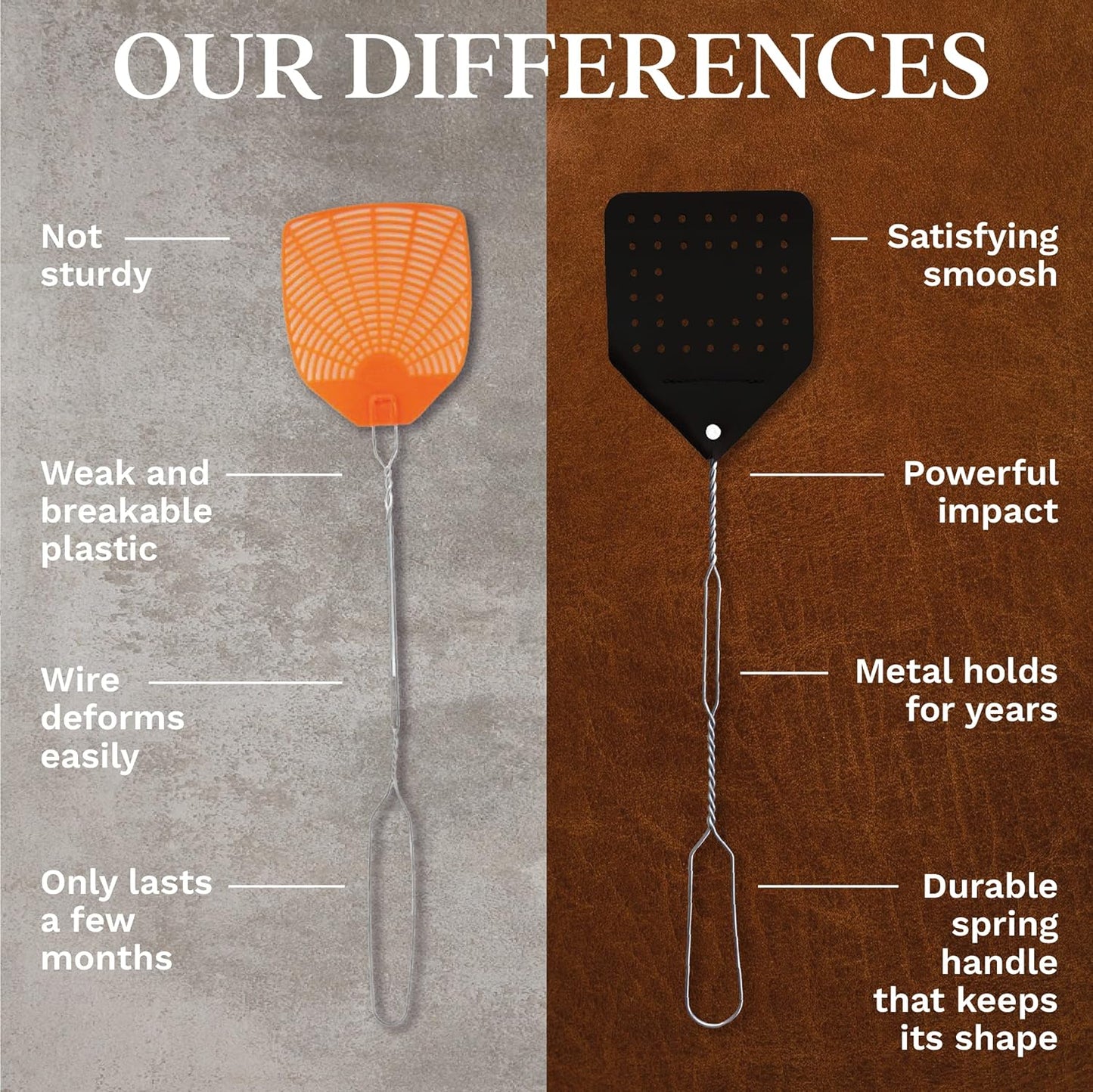Leather Fly Swatter Set (3 Pack) – 17” Amish-Made Fly Swat w/Real Leather Paddle – Fly Swatters Multi Pack w/Metal Handle – Bug Swatter, Mosquito Swatter, Wasp Swatter (Black)