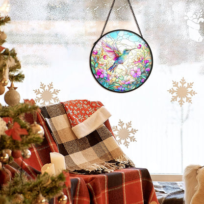 Hummingbird Flower Whimsical Suncatcher Stained Glass Window Hanging Decor, Cottagecore Birds Stained Glass Wall Decor, Country Garden Sun Catchers Indoor Window Hanging Wall Art, 7.9x7.9In