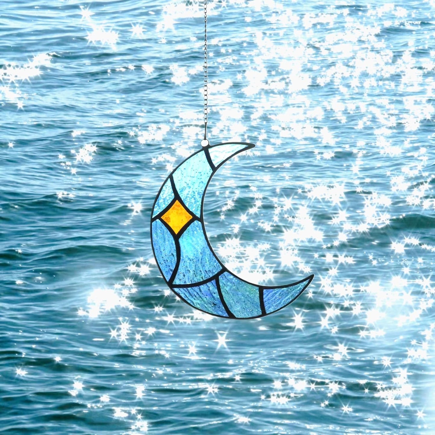Moon Stained Glass Window Hanging Suncatchers，Handcrafted Art Glass Crescent Moon Decorations Indoor Window Gift for Women, Christmas,Thanksgiving (Blue)