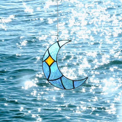 Moon Stained Glass Window Hanging Suncatchers，Handcrafted Art Glass Crescent Moon Decorations Indoor Window Gift for Women, Christmas,Thanksgiving (Blue)