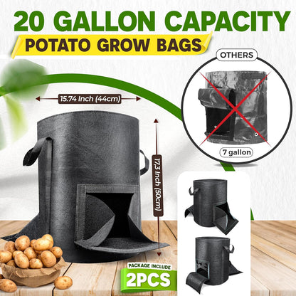 [Upgraded] 2 Pcs 20-Gallon Potato Grow Bags with Unique Harvest Window, Visible Window, Garden Planting Bag with Reinforced Handle, Nonwoven Fabric Pots for Tomato, Potato Growing Container - Black