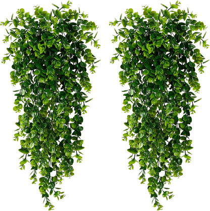 Sggvecsy 4 Pack Artificial Hanging Plants Fake Hanging Plant Faux Hanging Eucalyptus Plants UV Resistant Plastic Plants for Indoor Outdoor Room Wall Wedding Patio Porch Decor