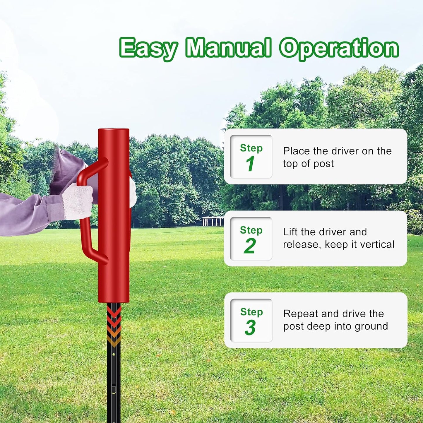 Fence Post Driver with Handle,12LB Hand Post Pounder,2.7 inches Inner Dia. Pole Rammer, Farm Wire Fencing for T Post, Metal Fence Stake and Sign Posts, Red