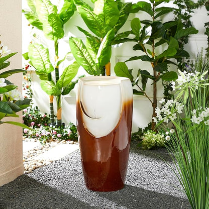 Glitzhome 29.25" H Oversized Ceramic Vase Outdoor Water Fountain, Tall Sand Beige Brown Glaze Patio Garden Water Fountain with LED Light and Submersible Pump for Garden Patio Balcony Yard Art Decor