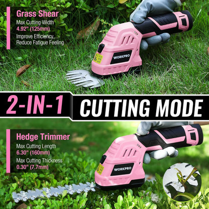 WORKPRO 12V Cordless Grass Shear & Shrubbery Trimmer - 2 in 1 Handheld Hedge Trimmer, Electric Bush Trimmer/Grass Cutter with 2.0Ah Rechargeable Lithium-Ion Battery &1 Hour Fast Charger, Pink Ribbon