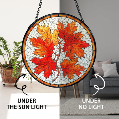 TNUW Fall Maple Leaf Stained Glass Window Hanging, Rustic Autumn Leaves Sun Catchers Indoor Window Glass Round Wall Art Decor, Fall Autumn Wall Hanging Decorations, 7.9＂x7.9＂