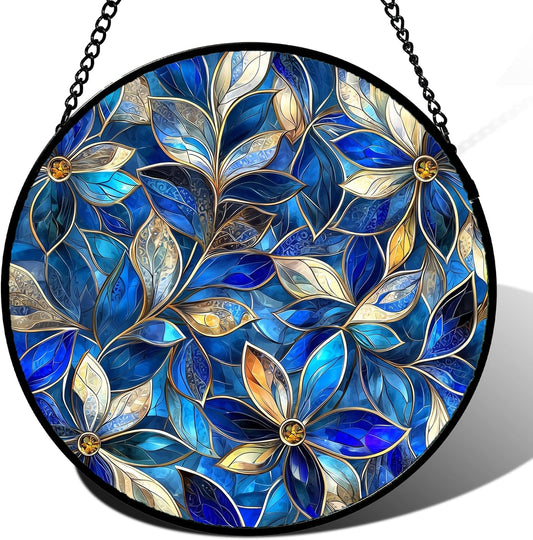 Stained Glass Window Hanging - Blue Gold Abstract Flowers Suncatcher for Door Terrace Garden Home