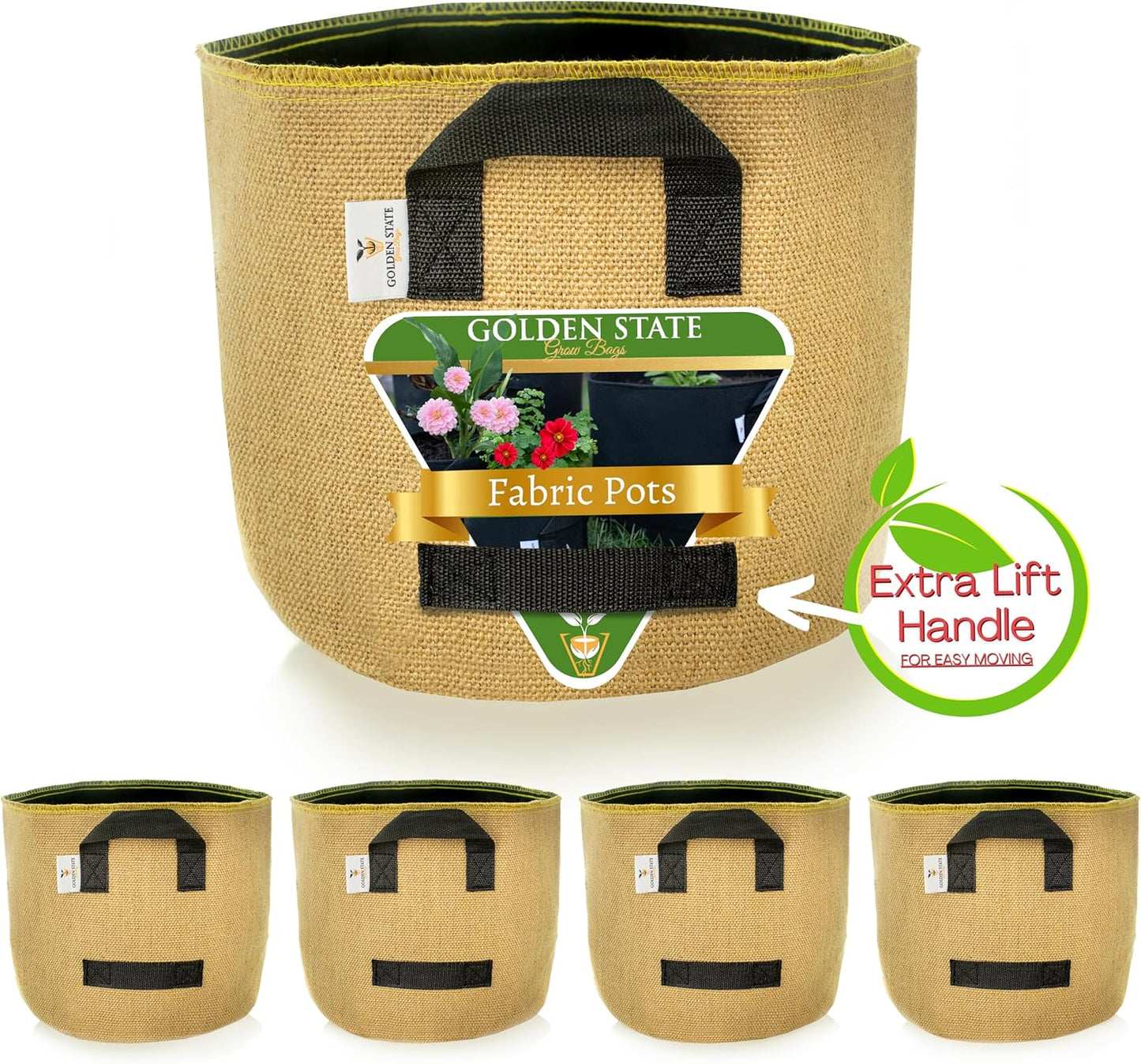 Grow Bags: 5-Pack (Size: 1 Gallon): Thick Jute Material + Inside Felt Fabric Liner, w/Yellow Stitch. Very Biodegradable and eco-Friendly Material. (Handles + Dumping Handles-pat.Pend).