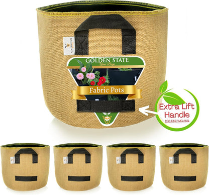 Grow Bags: 5-Pack (Size: 1 Gallon): Thick Jute Material + Inside Felt Fabric Liner, w/Yellow Stitch. Very Biodegradable and eco-Friendly Material. (Handles + Dumping Handles-pat.Pend).