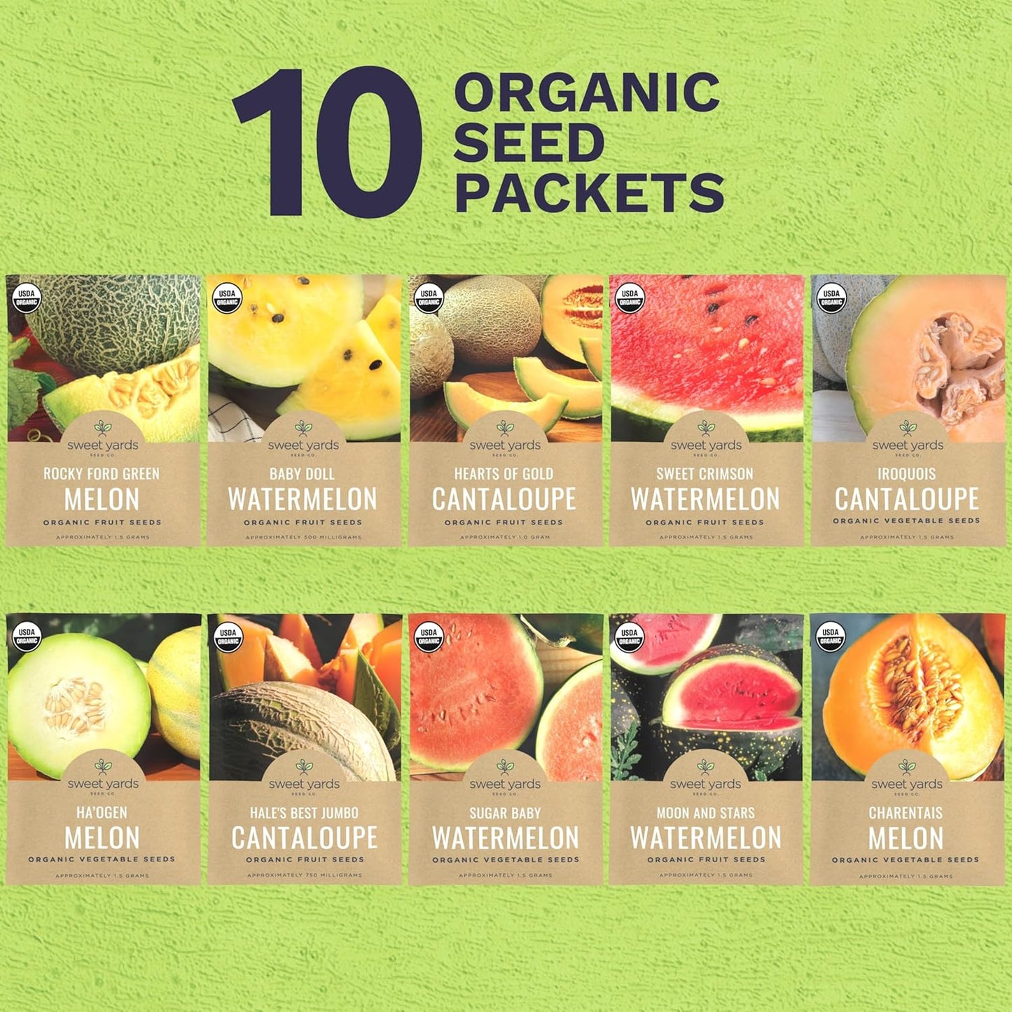 Organic Melon Seeds Variety Pack - 10 Individual Packs - 2025 Season - Sugar Baby, Charentais, Hearts of Gold and More! for Indoor & Outdoor Planting (Non-GMO, Certified Organic)