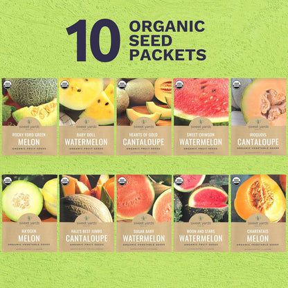 Organic Melon Seeds Variety Pack - 10 Individual Packs - 2025 Season - Sugar Baby, Charentais, Hearts of Gold and More! for Indoor & Outdoor Planting (Non-GMO, Certified Organic)