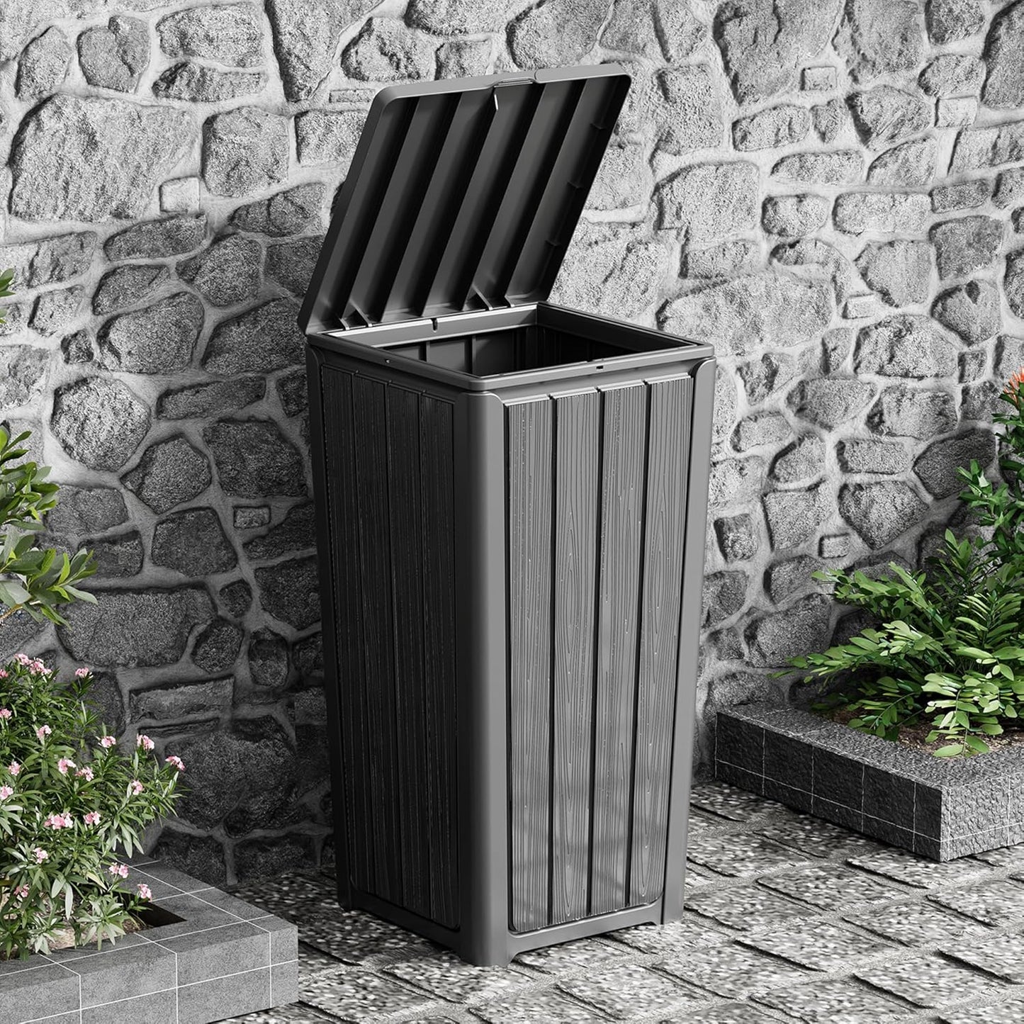 23 Gallon Outdoor Trash Can Waterproof Resin Garbage Can with Lid Outside Trash Bin for Porch Backyard, Deck, Patio, Kitchen Trash Can