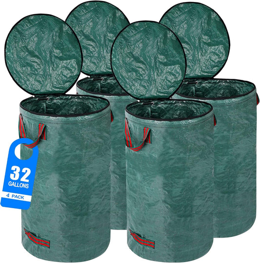 4 Pack 32 Gallons Reusable Yard Waste Bags with Zipper Lid Lawn Leaf Bags Heavy Duty with 4 Handles