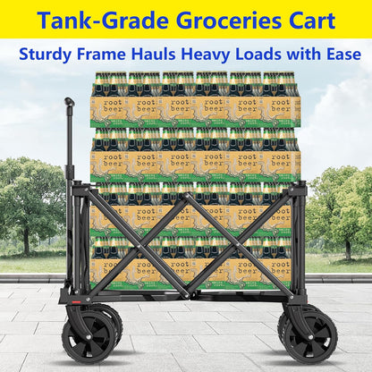 BEAU JARDIN Collapsible Folding Wagon Cart with Big Wheels Foldable Cart with 400LBS Capacity Utility Lightweight Wagon Heavy Duty Grocery Cart for Camping Garden Outdoor Fishing Sports Shopping Black