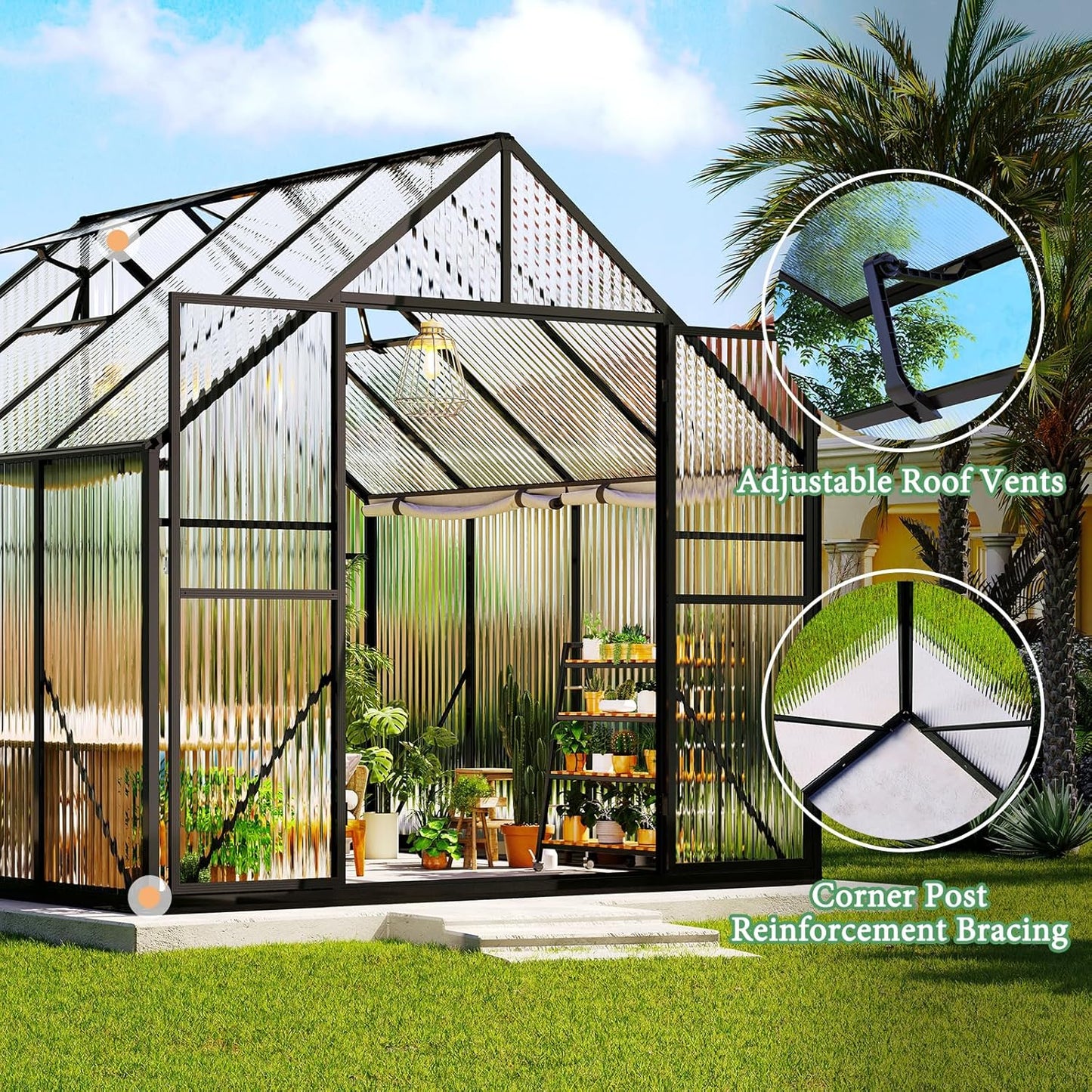 Amerlife 8x8x7 FT Outdoor Polycarbonate Greenhouse, Walk-in Aluminum Frame Design with Two Windows & Swing Door, Durable Garden Structure in Black