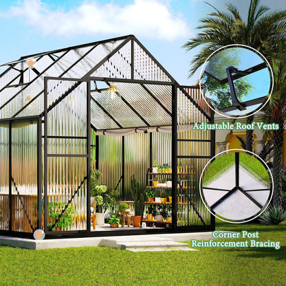 Amerlife 8x8x7 FT Outdoor Polycarbonate Greenhouse, Walk-in Aluminum Frame Design with Two Windows & Swing Door, Durable Garden Structure in Black