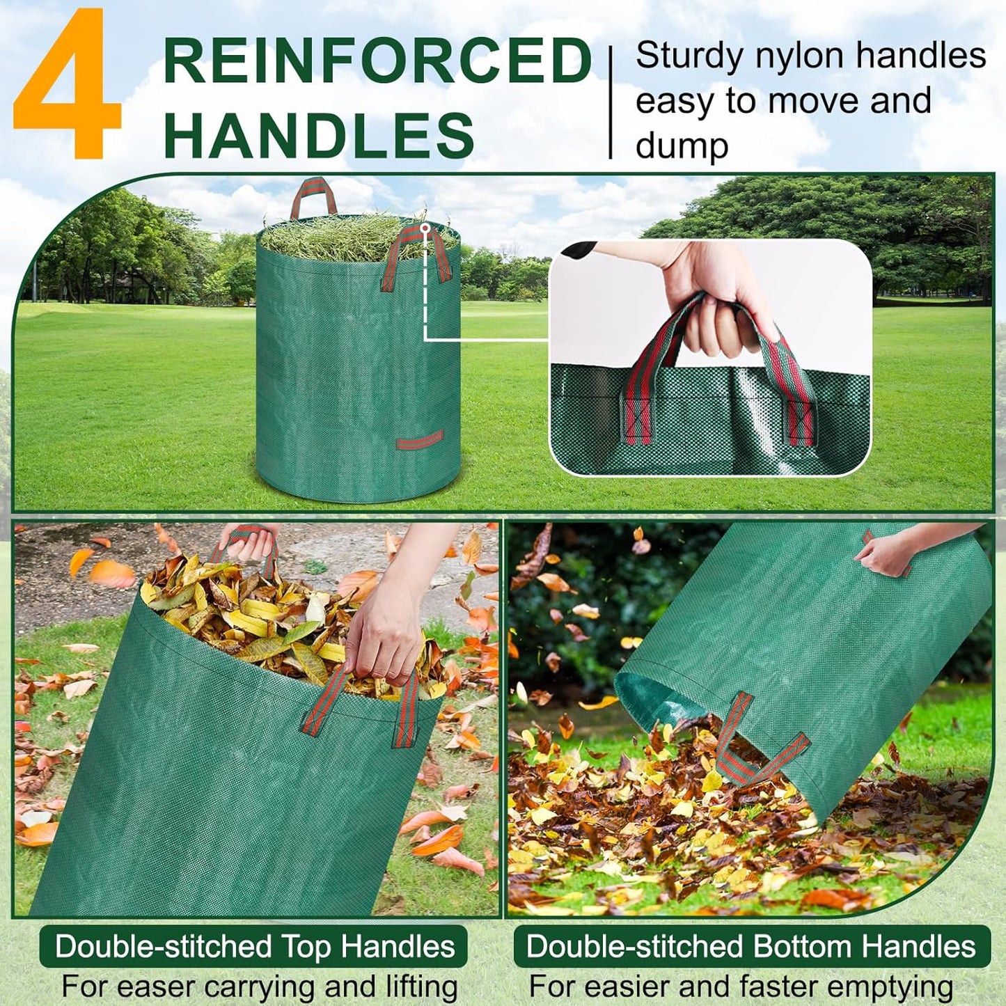 Remiawy Reusable Yard Waste Bags, 4 Packs 32 Gallons Lawn and Leaf Garden Bags Heavy Duty with 4 Handles, Collapsible Yard Waste Containers Camping Yard Recycling Bin for Debris Leaves Grass Clippings