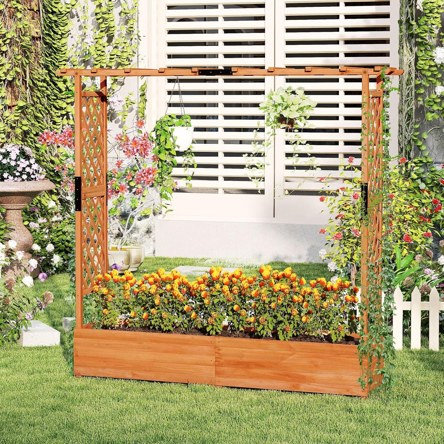 S AFSTAR 77-Inch Raised Garden Bed with Arch Trellis, Hanging Roof & Drainage Holes, Vertical Plant Container for Vine Climbing Plant Flower, Indoor Outdoor Wood Elevated Planter Box for Garden