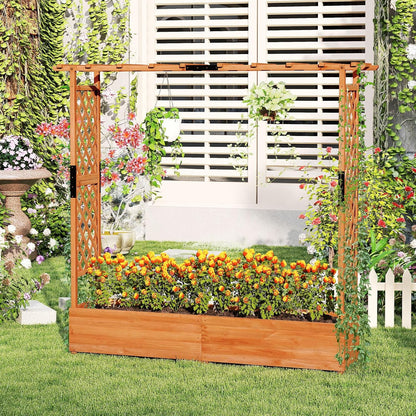 S AFSTAR 77-Inch Raised Garden Bed with Arch Trellis, Hanging Roof & Drainage Holes, Vertical Plant Container for Vine Climbing Plant Flower, Indoor Outdoor Wood Elevated Planter Box for Garden