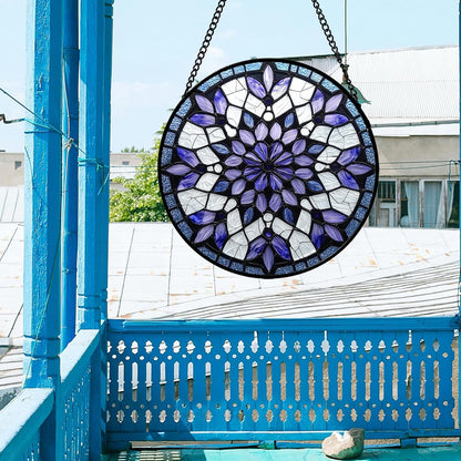 Stained Glass Window Hanging, Purple Blue Tiffany Style Flowers Sun Catcher for Window Door Home Decor Suncatcher Christmas Mother's Day Birthday Gifts for Women Men Mom Nana 11.8 in