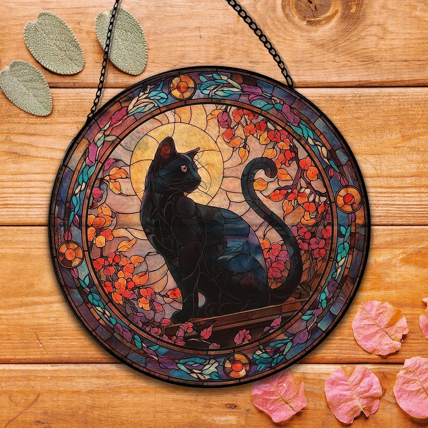 Black Cat Halloween Suncatcher Stained Glass Window Hanging, Gothic Black Cat Flower Sun Catchers Indoor Window Glass Round Wall Decor, Halloween Wall Art Hanging Decorations, ＂7.8x7.8＂
