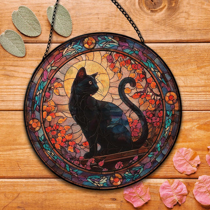 Black Cat Halloween Suncatcher Stained Glass Window Hanging, Gothic Black Cat Flower Sun Catchers Indoor Window Glass Round Wall Decor, Halloween Wall Art Hanging Decorations, ＂7.8x7.8＂