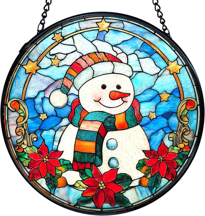 TNUW Snowman Christmas Stained Glass Window Hanging, Snowman Winter Xmas Flowers Sun Catchers Indoor Window Glass Round Wall Art Decor, Christmas Wall Hanging Decorations, 7.9＂x7.9＂