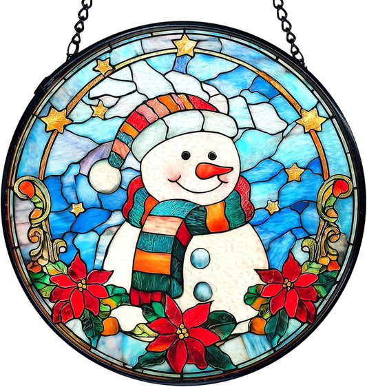 TNUW Snowman Christmas Stained Glass Window Hanging, Snowman Winter Xmas Flowers Sun Catchers Indoor Window Glass Round Wall Art Decor, Christmas Wall Hanging Decorations, 7.9＂x7.9＂