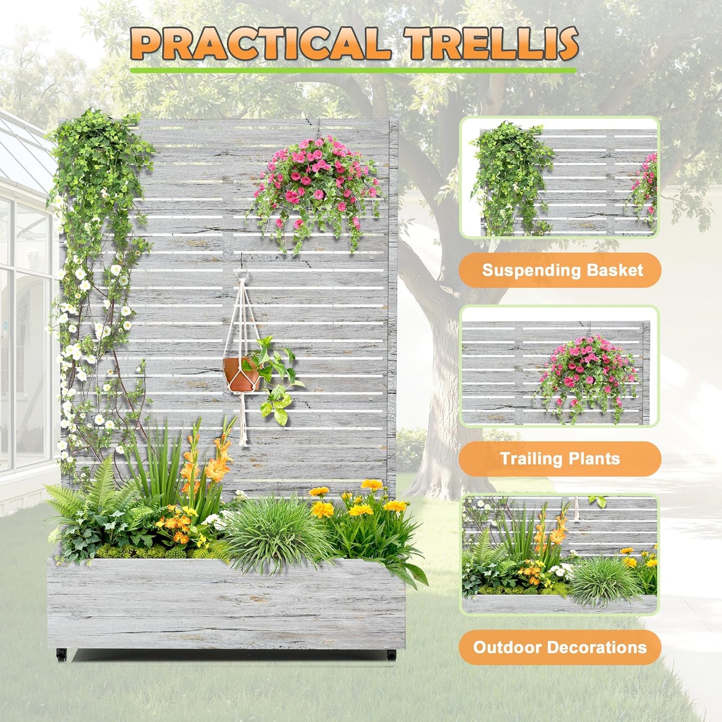 Metal Raised Garden Bed with Trellis, 2-in-1 Planter Box & Privacy Screen for Climbing Plants, Outdoor Standing Flower Bed with Drainage Holes, 47.2" L x 16.7" W x 70.8" H, White Oak Grain