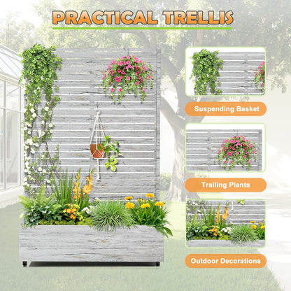 Metal Raised Garden Bed with Trellis, 2-in-1 Planter Box & Privacy Screen for Climbing Plants, Outdoor Standing Flower Bed with Drainage Holes, 47.2" L x 16.7" W x 70.8" H, White Oak Grain