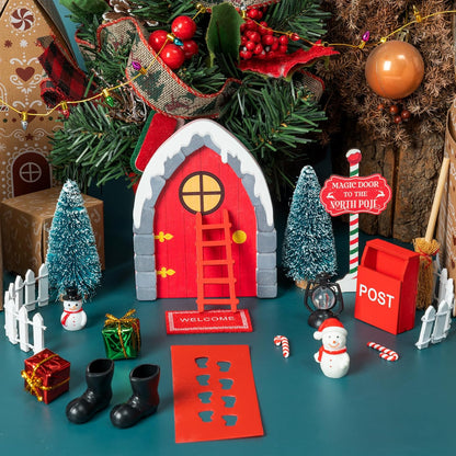 Haooryx Christmas Elf Garden Miniatures - 22Pcs Christmas Magic Fairy Doors Decoration Kit Wooden Miniature Fairy Door Xmas Elf Magic Door Wall Fairies Christmas Winter Xmas New Year Decor(Grey Stone)
