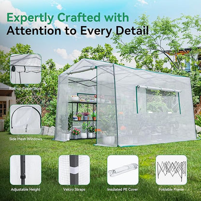 Joyside 12 x 8 FT Outdoor Pop up Greenhouse with Adjutable Reinforced Frame, Durable PE Cover and Mesh Windows, Portable Greenhouse for All Seasons, Easy Set Up (White, 12 x 8 FT)