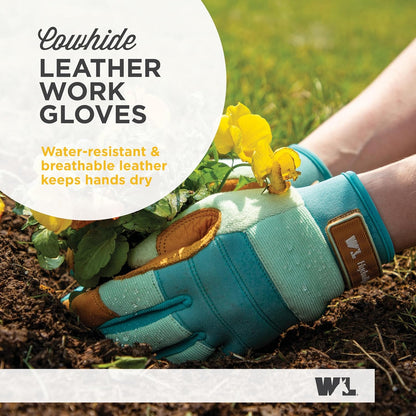Wells Lamont Women's HydraHyde Leather Hybrid Gloves – Water-Resistant, Durable Cowhide Palm, Spandex Stretch Back – Ideal Landscaping/Farming/Gardening Gloves – Adjustable Wrist – Large, Blue (3250L)