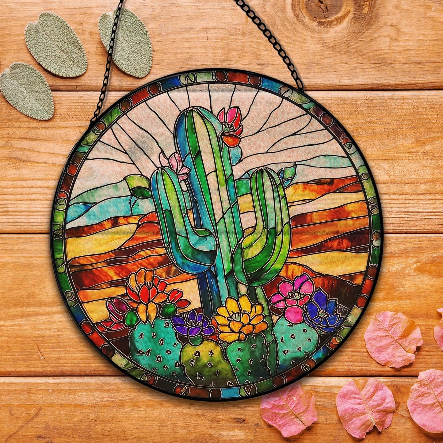 Cactus Suncatcher Stained Glass Garden Window Hanging, Southwestern Desert Cactus Flower Sun Catchers Indoor Window Glass Round Wall Decor, Southwestern Wall Art Hanging Decorations, ＂7.8x7.8＂