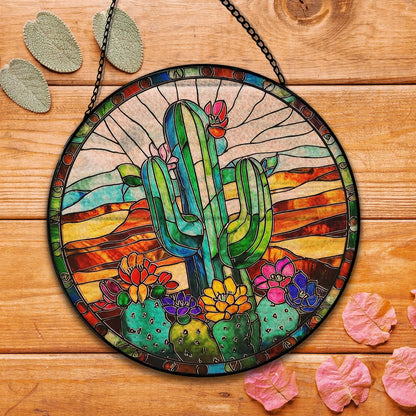 Cactus Suncatcher Stained Glass Garden Window Hanging, Southwestern Desert Cactus Flower Sun Catchers Indoor Window Glass Round Wall Decor, Southwestern Wall Art Hanging Decorations, ＂7.8x7.8＂
